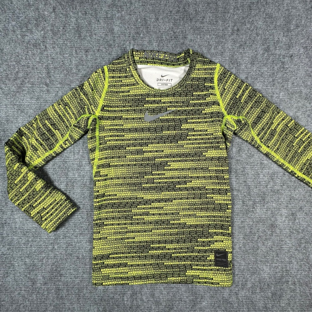 Nike Pro Kids Dri-FIT Compression Shirt Neon Yellow Black Logo Print Small S
